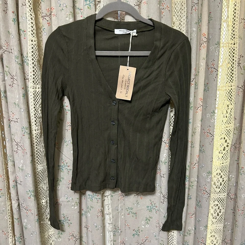 4/$25 Project Social T Amber Olive Green Ribbed Long Sleeve Sweater Small NWT